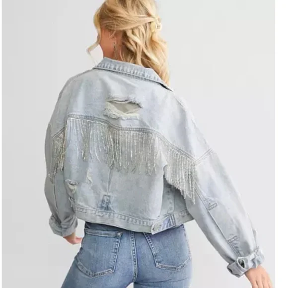 FESTIVAL 🔥 CONCERT RHINESTONE FRINGE 100% COTTON DENIM JACKET - Picture 3 of 14